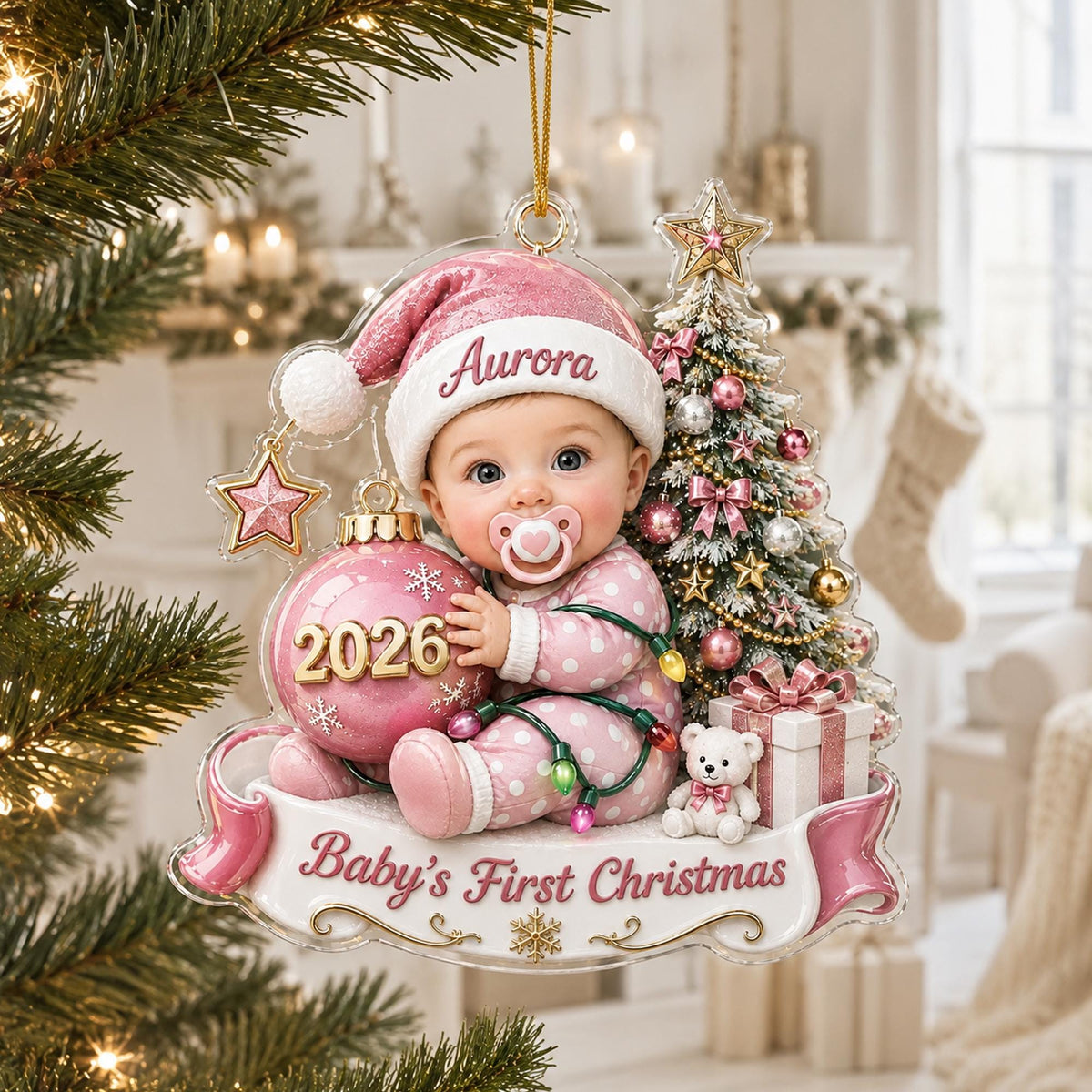 May include: A clear acrylic Christmas ornament featuring a baby wearing a pink polka dot outfit and a matching hat with the name Aurora. The baby holds a pink ornament labeled 2026, next to a decorated tree, a gift, and a banner reading Baby's First Christmas.