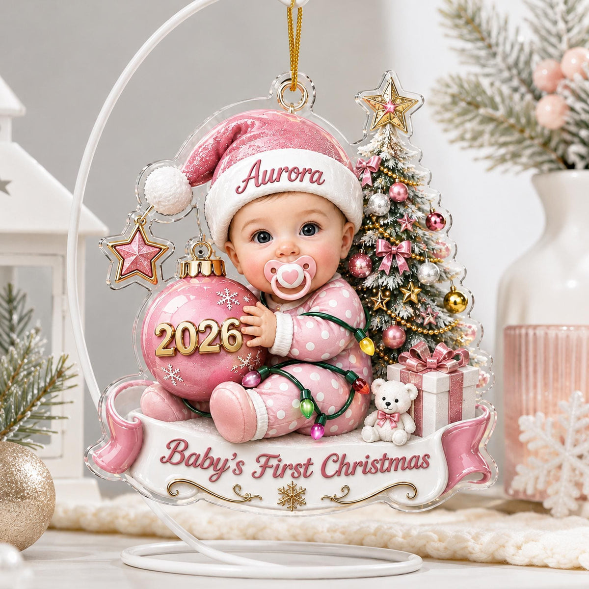 May include: A decorative acrylic Christmas ornament featuring a baby wearing a pink hat and polka dot pajamas, holding a pink ornament labeled 2026. The design includes a Christmas tree, a teddy bear, a gift box, and a banner reading Baby's First Christmas.