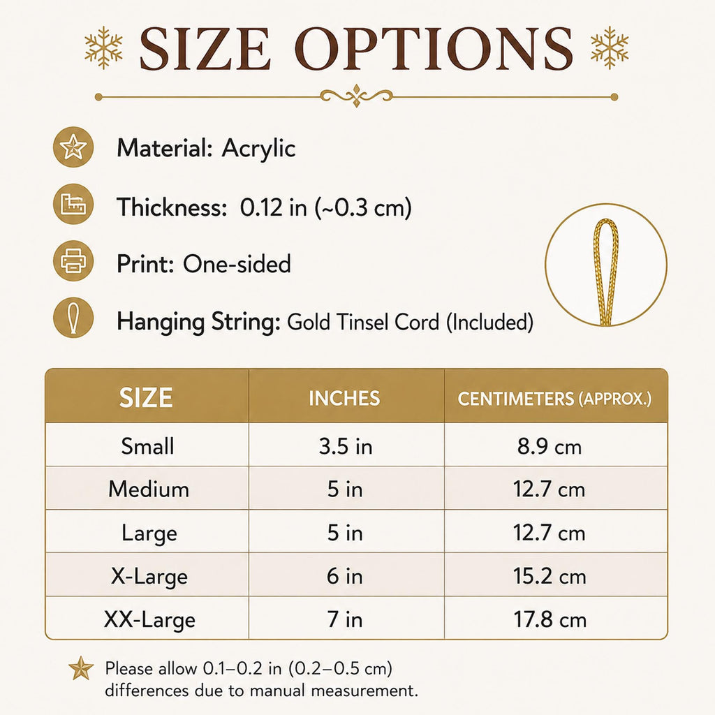 May include: A size options chart for an acrylic product. It lists material as acrylic, thickness as 0.12 inches, one-sided print, and includes a gold tinsel cord. A table displays sizes from small to XX-Large in inches and centimeters.