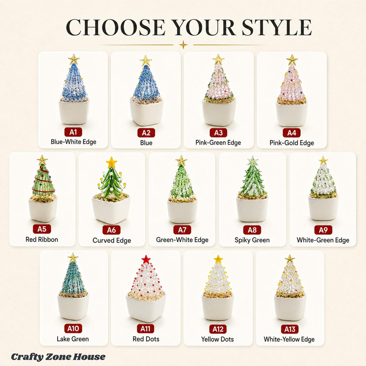 May include: A collection of thirteen miniature decorative Christmas trees in white square pots, labeled A1 through A13. Each tree features a unique color scheme, including blue, pink, green, white, and yellow, topped with a small gold or red star.