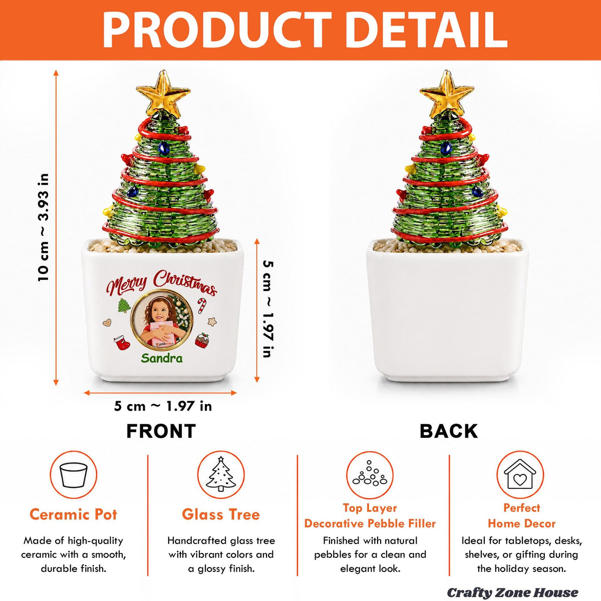 May include: A miniature Christmas tree made of green glass wire with a gold star topper, sitting in a white square ceramic pot. The pot features the text Merry Christmas, a circular photo, and the name Sandra, measuring 3.93 inches tall.