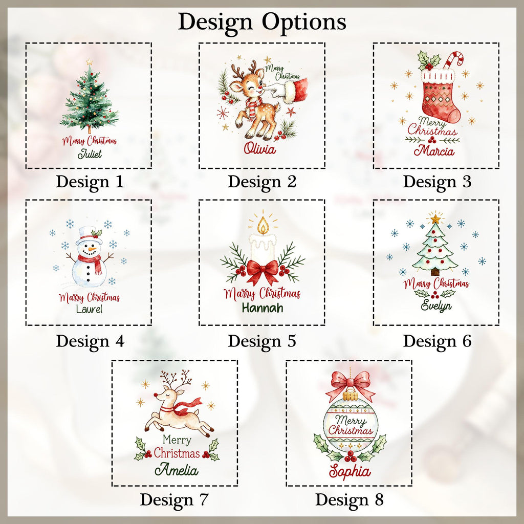 May include: A collection of eight square Christmas-themed design options labeled Design 1 through Design 8. Each square features watercolor illustrations including a tree, reindeer, stocking, snowman, candle, and ornament with Merry Christmas text.