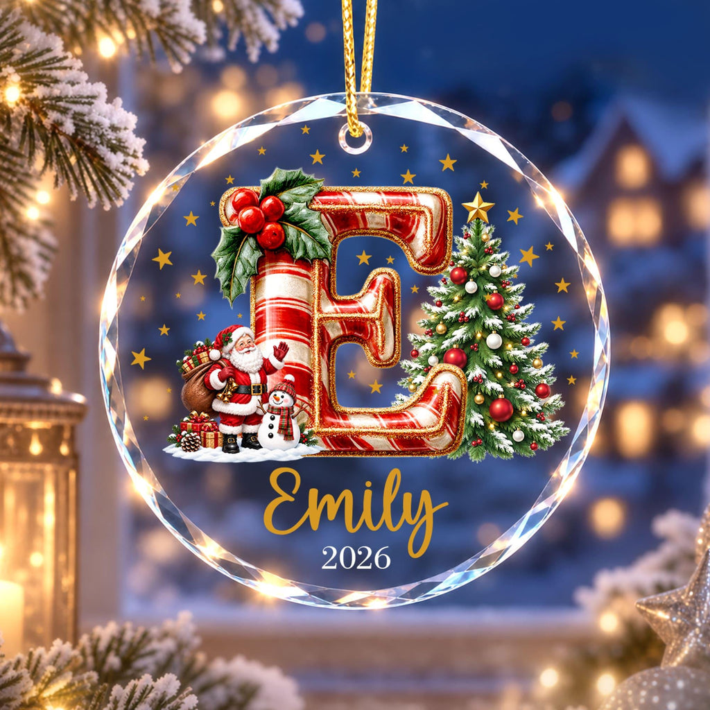 Custom Christmas Name Glass Ornament 2026, Initial Kids Name Ornament, Snowman Christmas Ornaments for Kids, Family Christmas Keepsake image 1