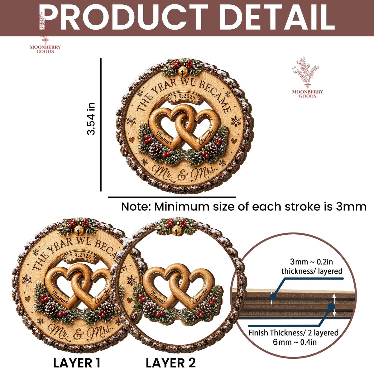 May include: A circular wooden ornament featuring two interlocking hearts, pinecones, and holly berries. Text reads THE YEAR WE BECAME, 7.9.2026, Thomas, Camila, and Mr. & Mrs. A diagram shows a 3.54 inch diameter and a 0.4 inch total thickness.