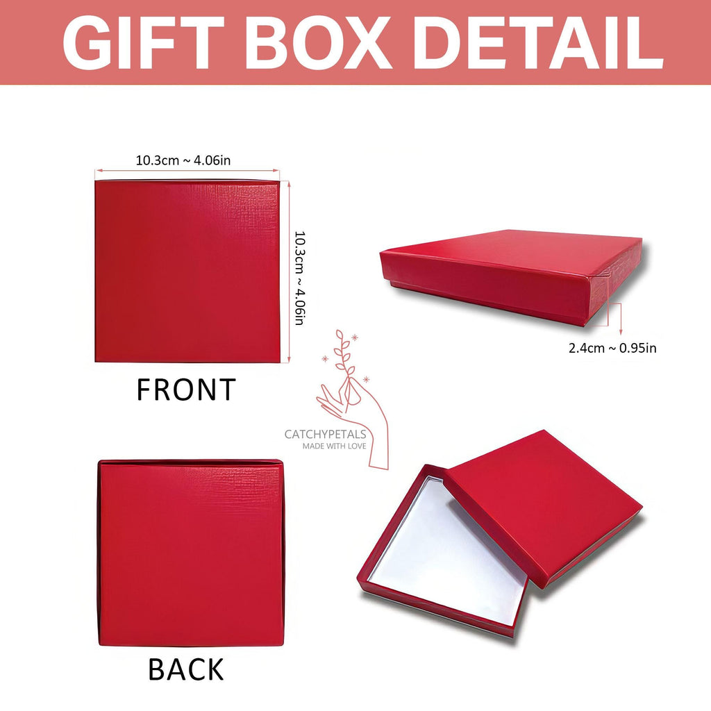 May include: A square red gift box with a textured finish. The box measures 4.06 inches by 4.06 inches with a height of 0.95 inches. The image displays the front, back, and an open view with a white interior. Text includes GIFT BOX DETAIL.