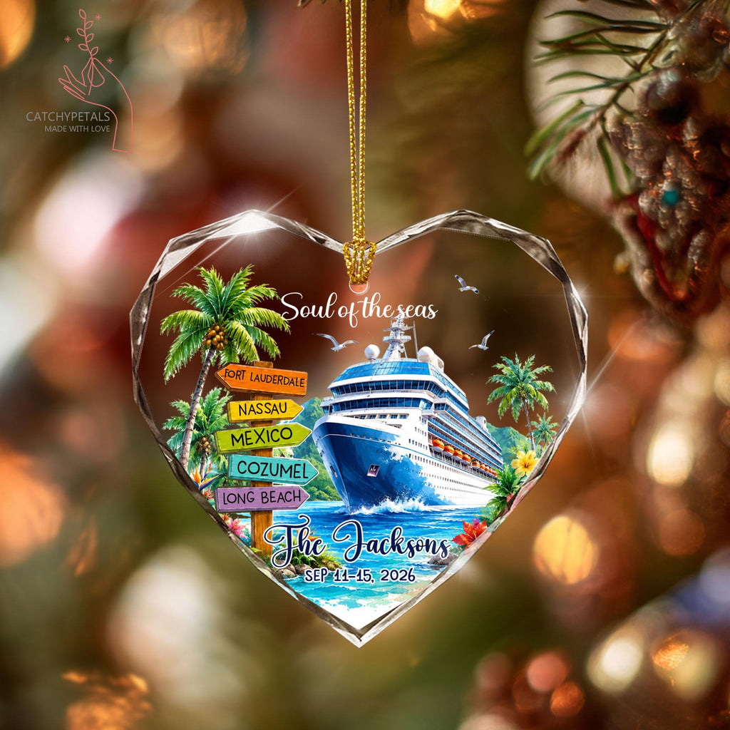 May include: A heart-shaped glass ornament featuring a cruise ship on blue water, palm trees, and a directional signpost with the text Fort Lauderdale, Nassau, Mexico, Cozumel, and Long Beach. It includes the text Soul of the seas, The Jacksons, and Sep 11-15, 2026.