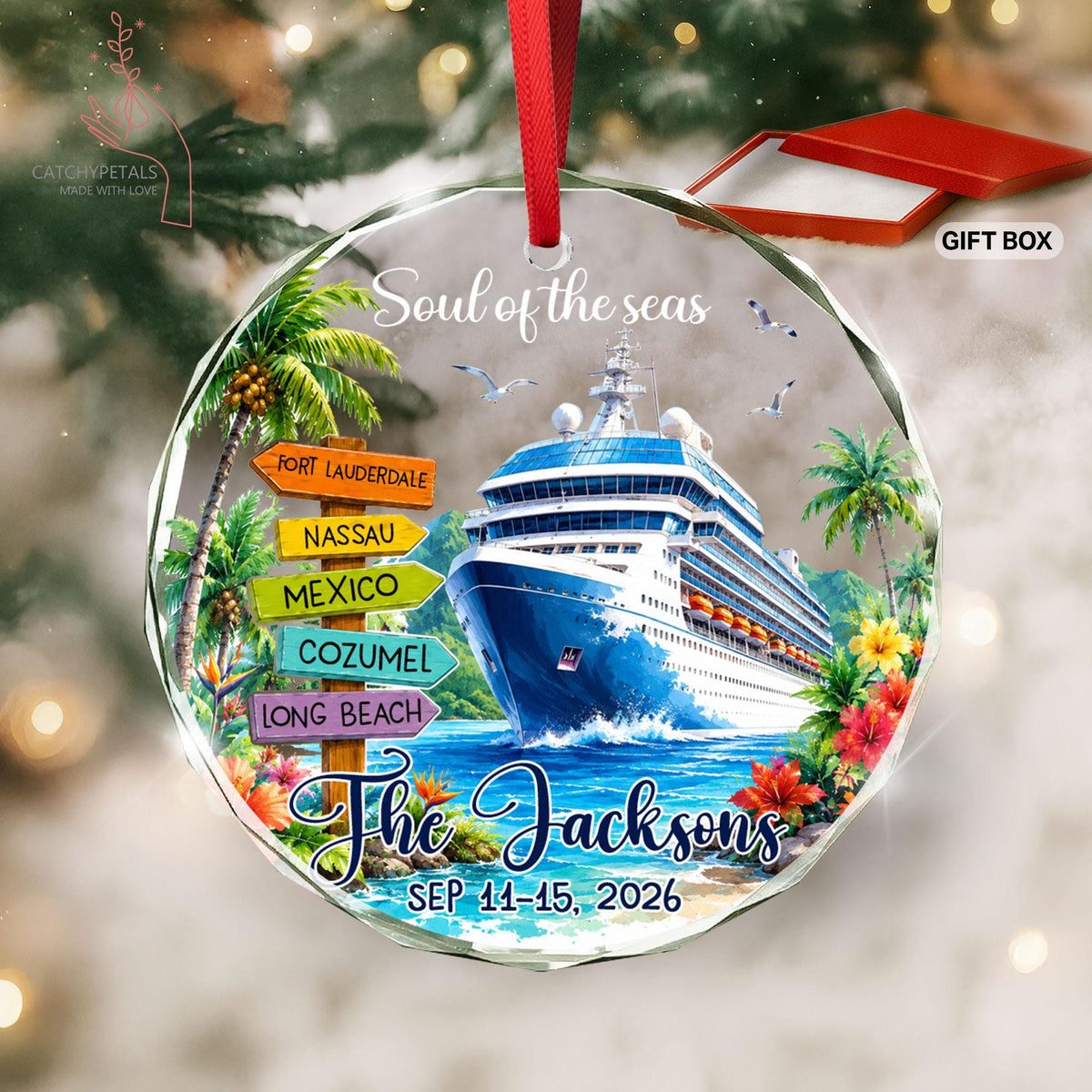 May include: A round glass ornament featuring a large cruise ship on blue water, a wooden signpost with destinations Fort Lauderdale, Nassau, Mexico, Cozumel, and Long Beach, the text Soul of the seas, The Jacksons, and SEP 11-15, 2026.