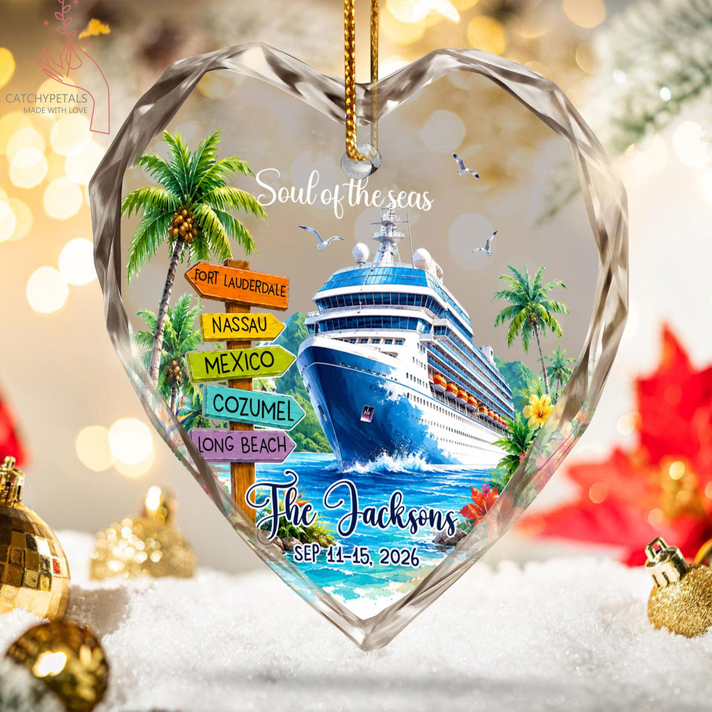 May include: A heart-shaped glass ornament featuring a cruise ship, palm trees, and a wooden signpost with the text Fort Lauderdale, Nassau, Mexico, Cozumel, and Long Beach. It includes the text Soul of the seas, The Jacksons, and Sep 11-15, 2026.