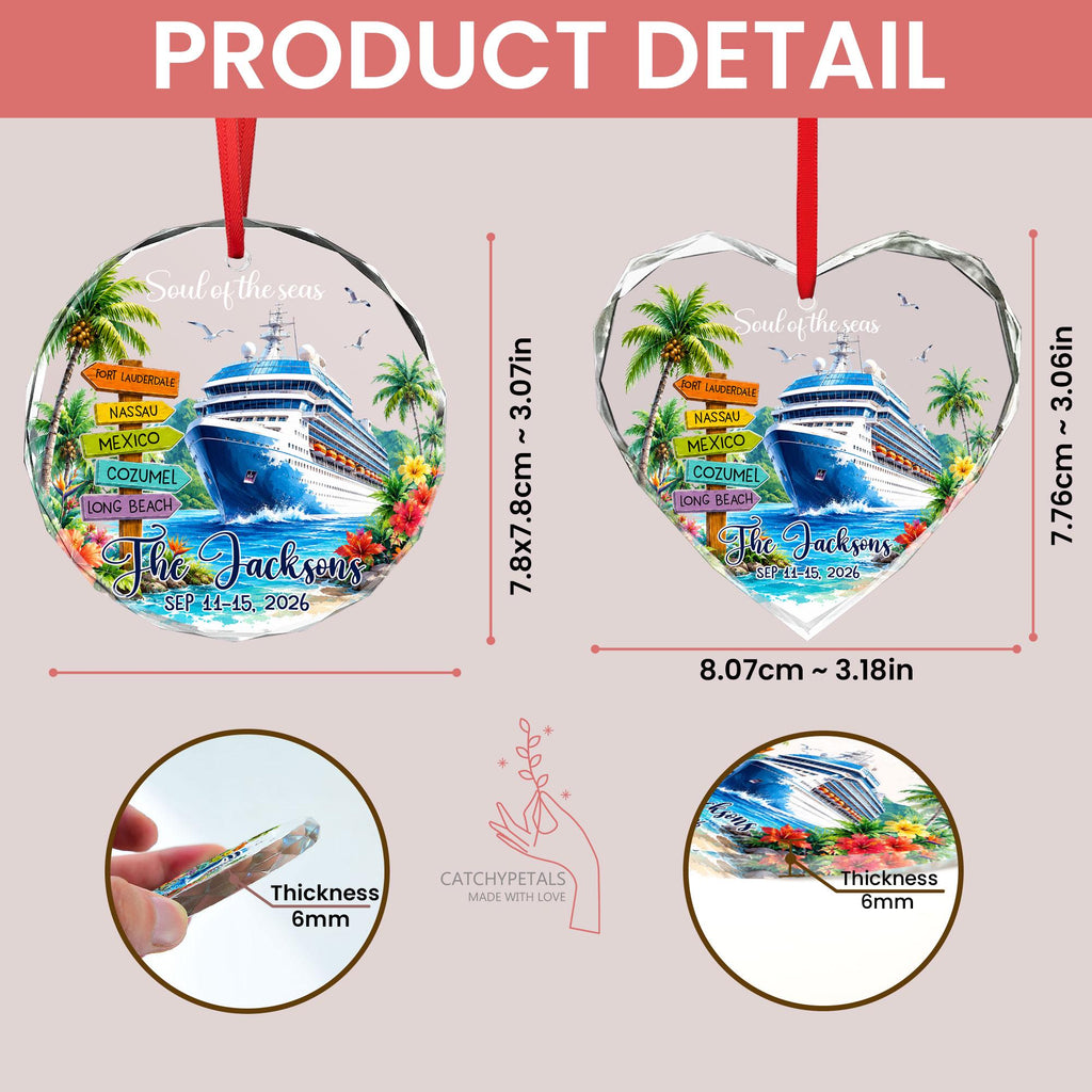 May include: Two clear acrylic ornaments, one circular and one heart-shaped, featuring a cruise ship, palm trees, and a signpost with locations. Text reads Soul of the seas, The Jacksons, and SEP 11-15, 2026. Dimensions are 7.8cm by 7.8cm and 8.07cm by 7.76cm, 6mm thick.