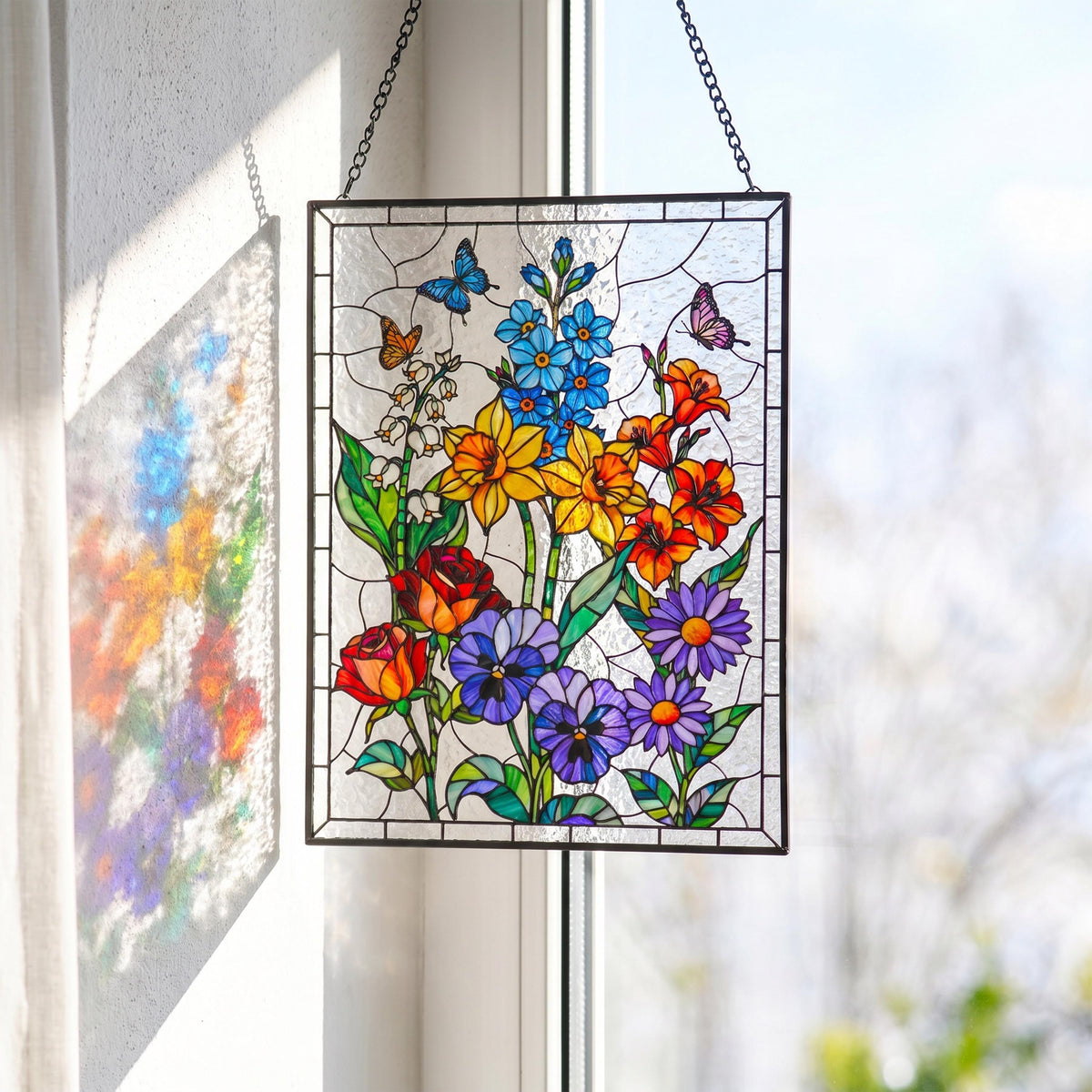 May include: A rectangular stained glass window hanging featuring a vibrant floral arrangement with red roses, yellow daffodils, blue delphiniums, purple pansies, and orange lilies, accented by two small butterflies and green leaves in a metal frame.