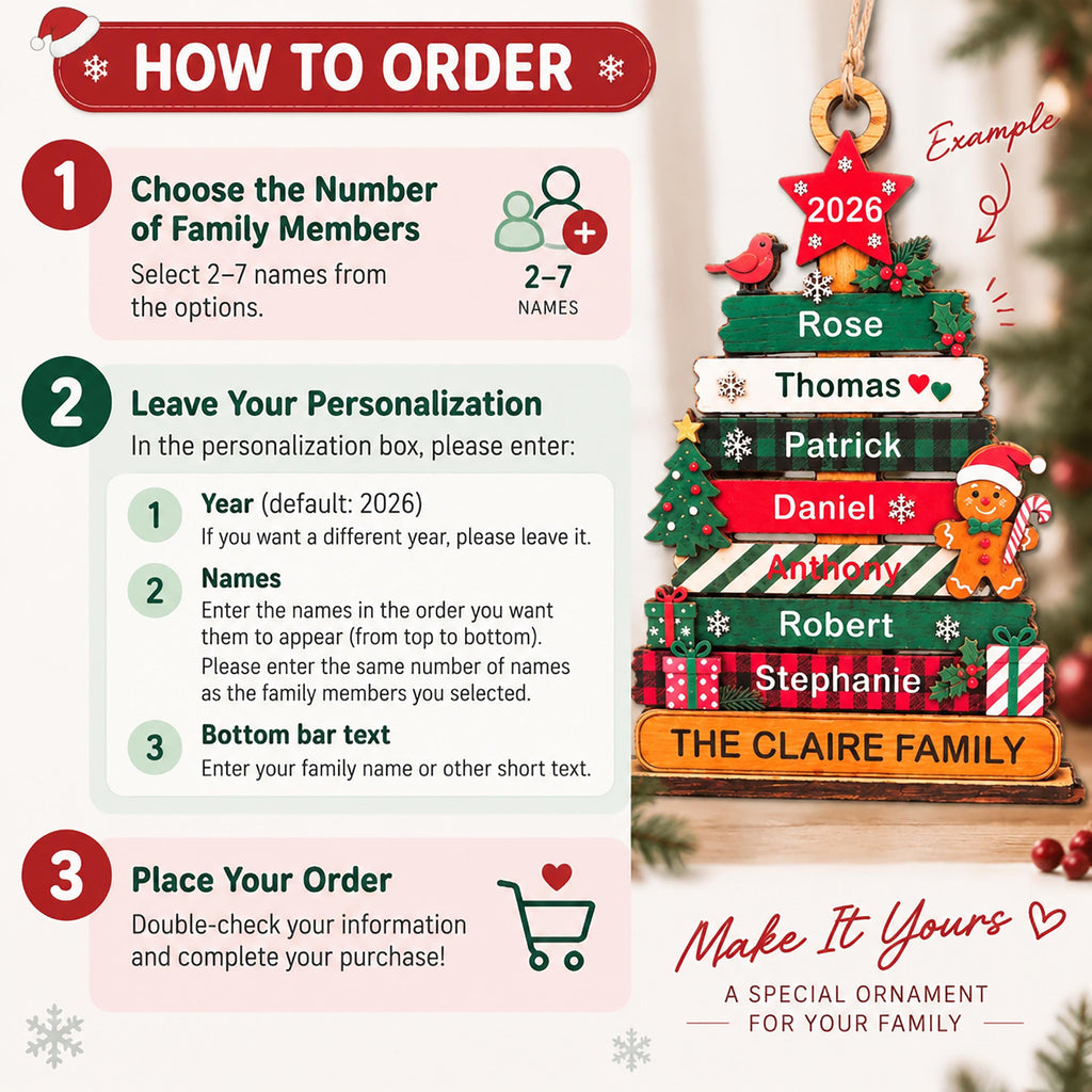 May include: A personalized wooden Christmas tree ornament featuring stacked horizontal planks with names, a red star topper labeled 2026, and festive decorations like a gingerbread man and gifts. The image includes instructions on how to order.