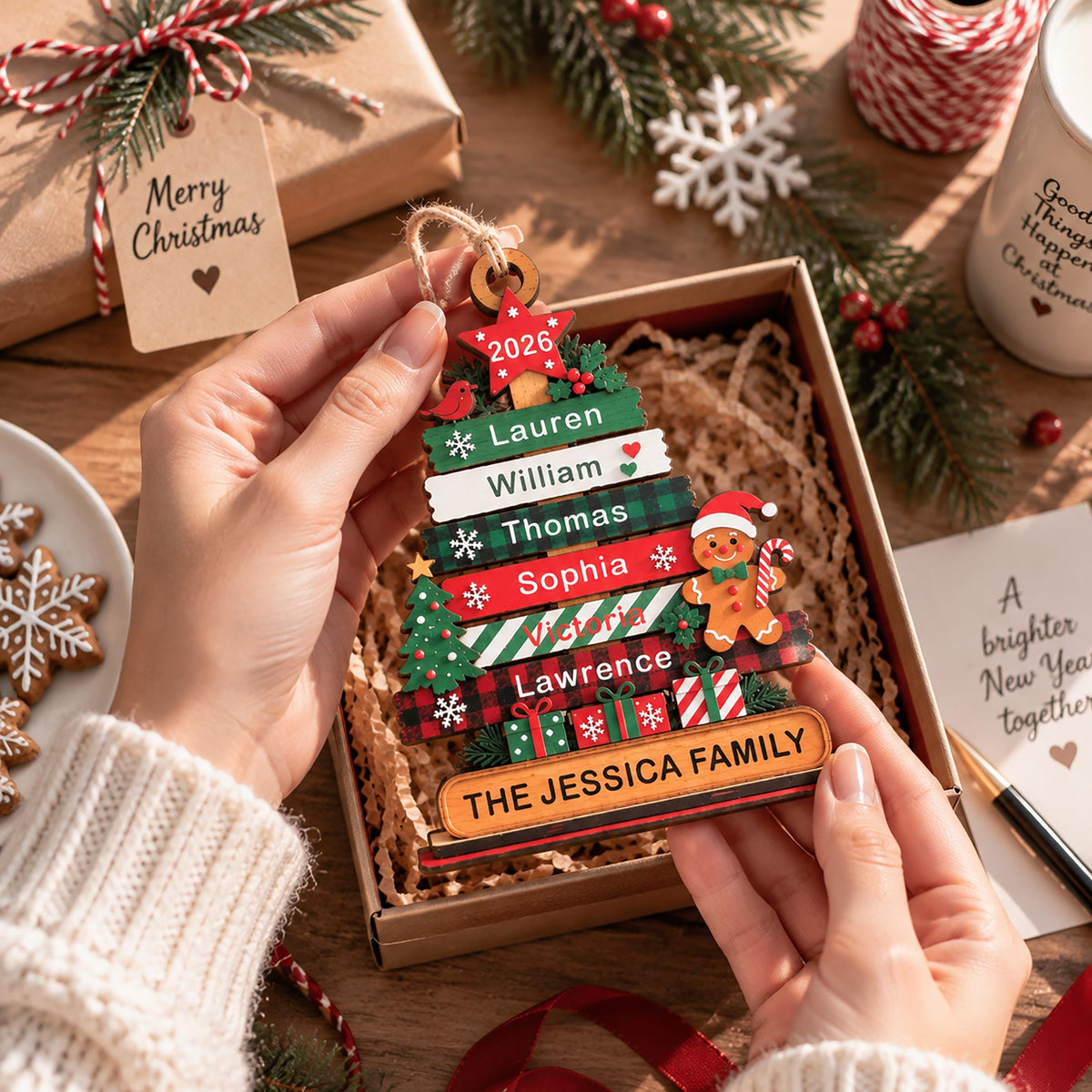May include: A wooden Christmas tree ornament featuring horizontal slats with the names Lauren, William, Thomas, Sophia, Victoria, and Lawrence, topped with a star labeled 2026, a gingerbread man, and a base reading THE JESSICA FAMILY.