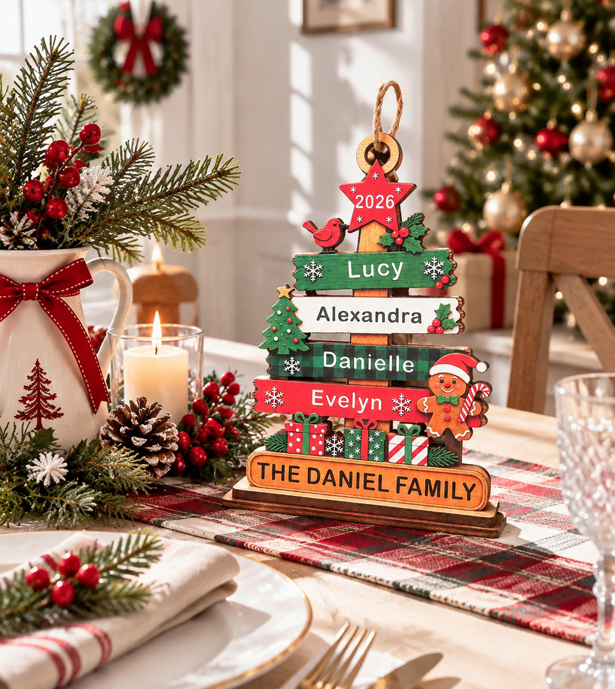 May include: A wooden Christmas tree ornament featuring horizontal planks with the names Lucy, Alexandra, Danielle, and Evelyn, topped with a red star labeled 2026. The base displays the text THE DANIEL FAMILY, accented by a gingerbread man and gifts.