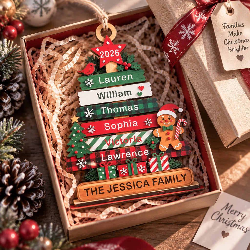 May include: A personalized wooden Christmas tree ornament featuring horizontal slats with the names Lauren, William, Thomas, Sophia, Victoria, and Lawrence, topped with a 2026 star, a gingerbread man, and a base reading THE JESSICA FAMILY.