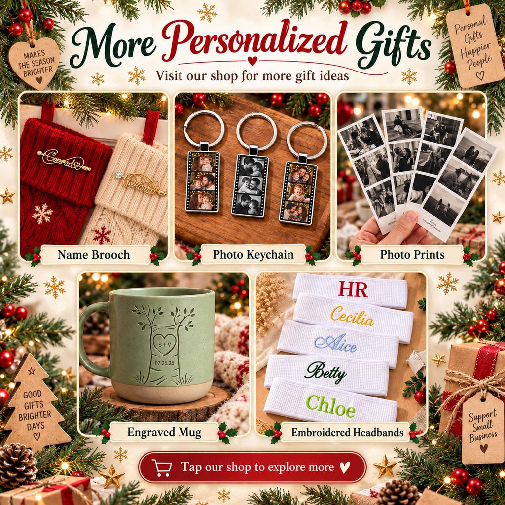 May include: A collection of personalized gifts including red and white stockings with name brooches, rectangular photo keychains, black and white photo strips, a green engraved mug with a tree design, and white embroidered headbands with names.