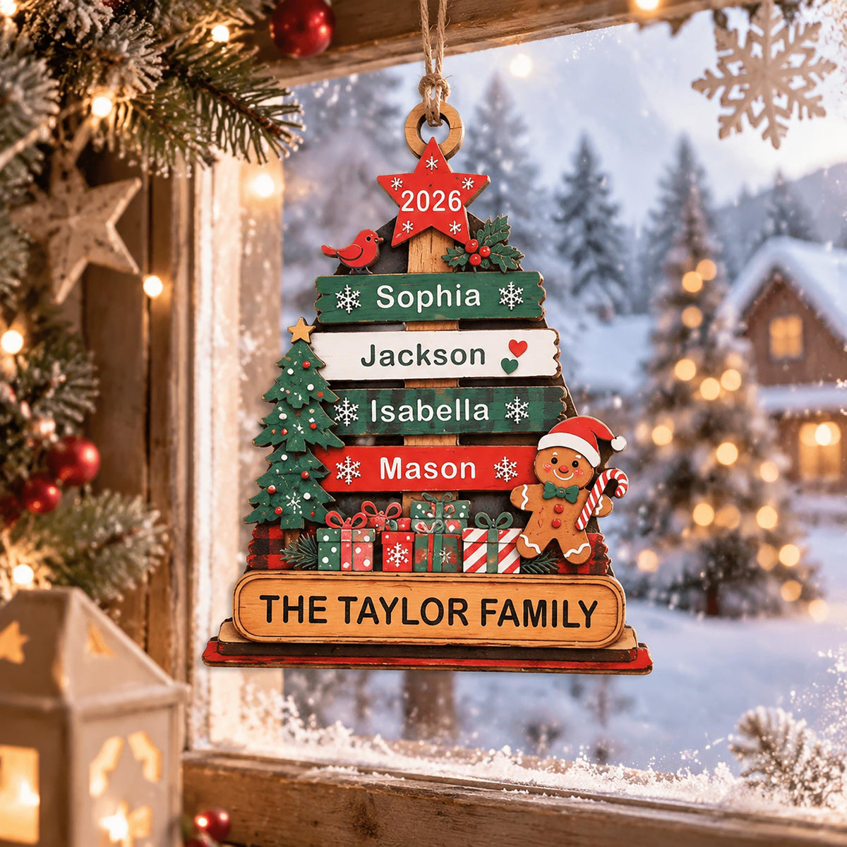 May include: A wooden Christmas tree ornament featuring a red star at the top with the year 2026, four horizontal planks with the names Sophia, Jackson, Isabella, and Mason, a gingerbread man, a small tree, gifts, and the text THE TAYLOR FAMILY.