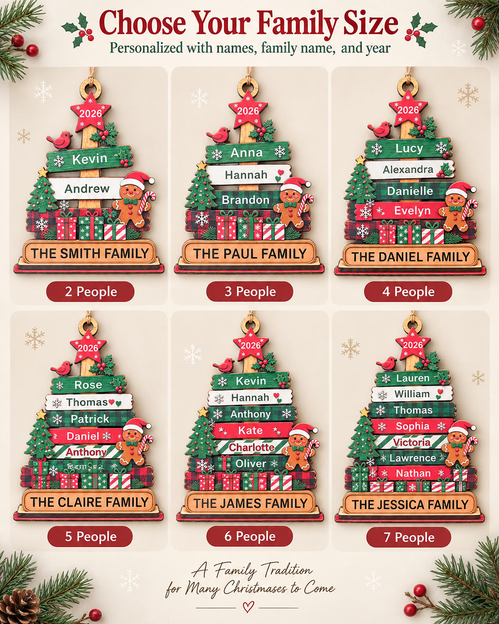 May include: Six personalized wooden Christmas tree ornaments with varying numbers of horizontal planks for names, topped with a red star labeled 2026. Each ornament features a gingerbread man, red bird, and gift boxes, with a base for family names.