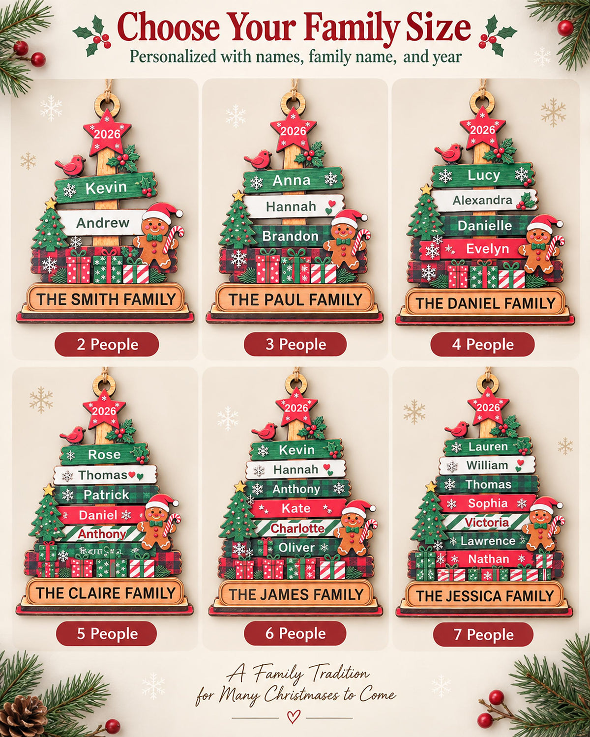 May include: Six personalized wooden Christmas tree ornaments with varying numbers of horizontal planks for names, topped with a red star labeled 2026. Each ornament features a gingerbread man, red bird, and gift boxes, with a base for family names.