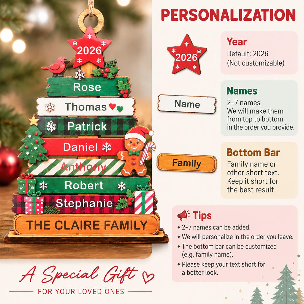 May include: A wooden Christmas tree ornament featuring a red star topper with 2026, stacked horizontal slats in green, red, and white with names Rose, Thomas, Patrick, Daniel, Anthony, Robert, Stephanie, and The Claire Family, plus festive icons.