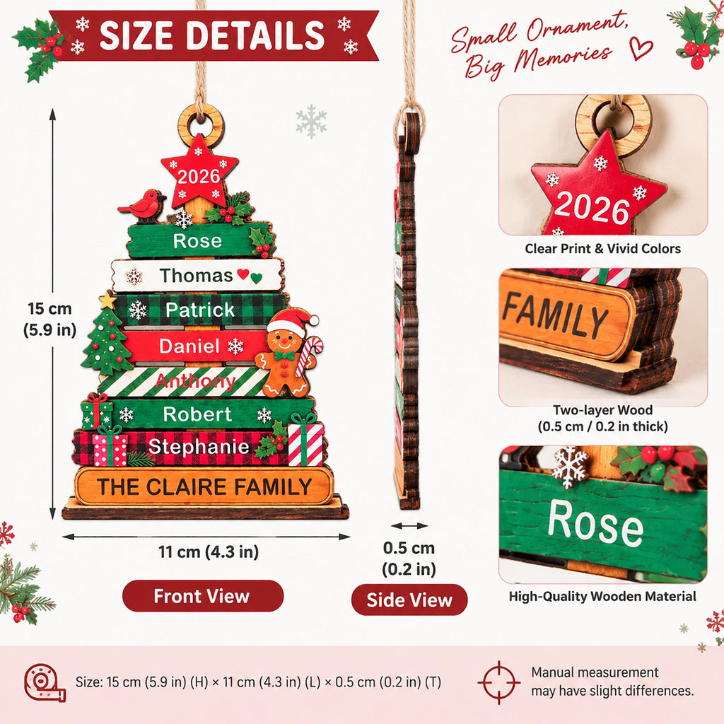 May include: A personalized wooden Christmas tree ornament featuring stacked horizontal planks with names including Rose, Thomas, Patrick, Daniel, Anthony, Robert, and Stephanie. It measures 5.9 inches high, 4.3 inches wide, and 0.2 inches thick.