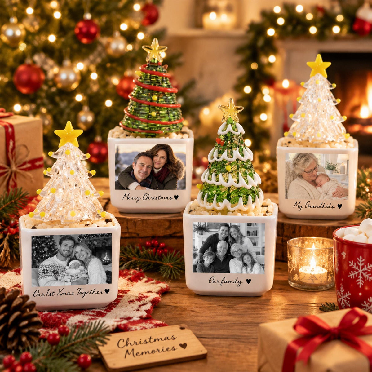 May include: Four square white ceramic planters, each topped with a decorative glass Christmas tree and featuring a personalized black and white photograph on the front. Each planter includes a printed caption such as Merry Christmas or Our family.