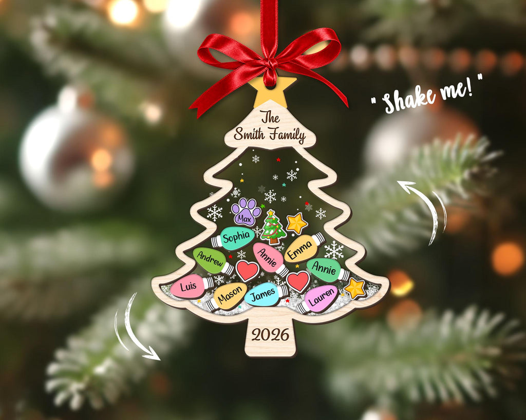 Custom Family Tree Ornament 2026, Personalized Family With Pet Ornament, Large Family Ornament, 4D Shake Christmas Ornament, Christmas Gifts