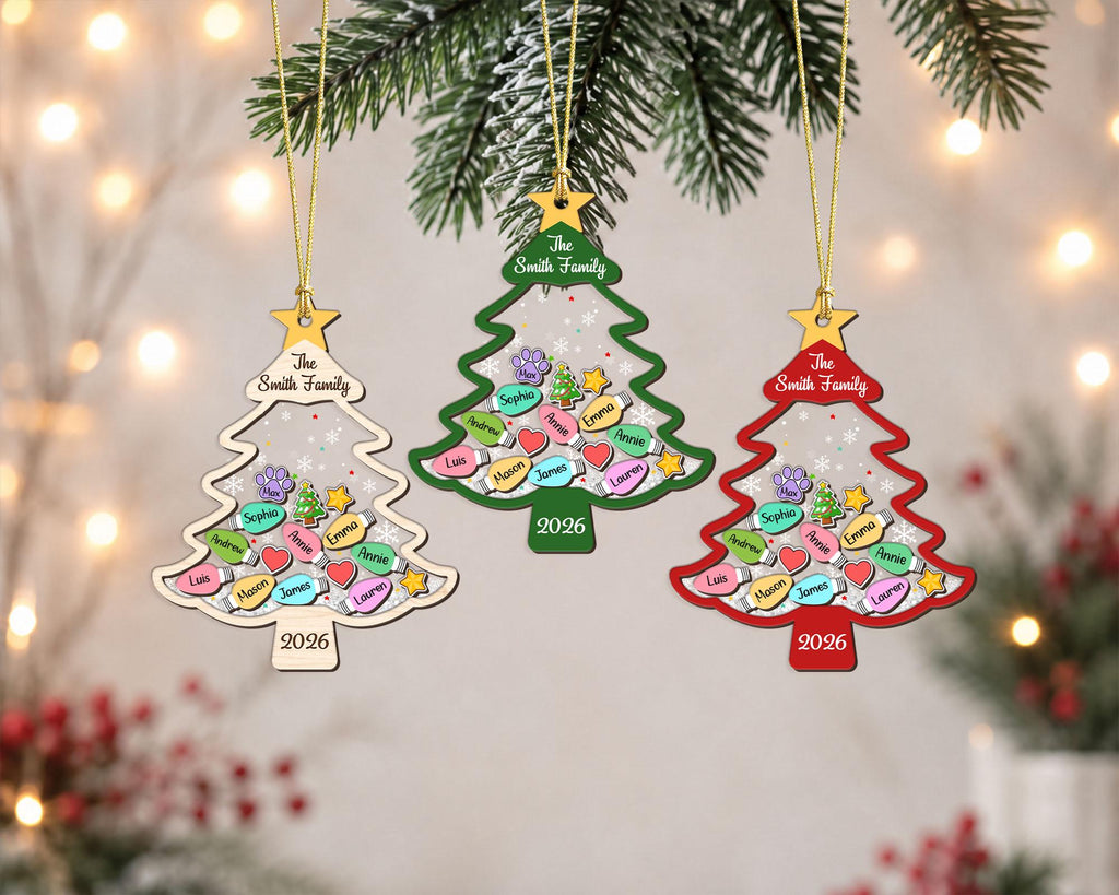 Custom Family Tree Ornament 2026, Personalized Family With Pet Ornament, Large Family Ornament, 4D Shake Christmas Ornament, Christmas Gifts