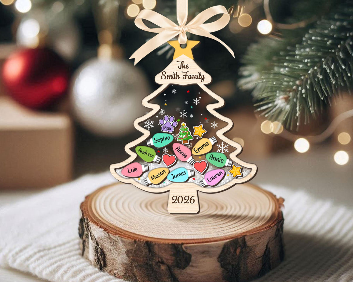 Custom Family Tree Ornament 2026, Personalized Family With Pet Ornament, Large Family Ornament, 4D Shake Christmas Ornament, Christmas Gifts