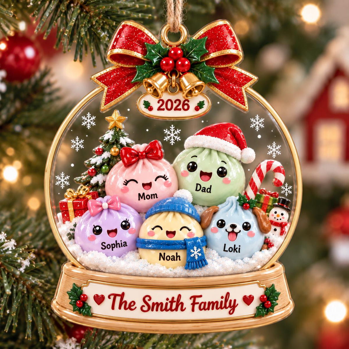 May include: A round Christmas ornament featuring a snow globe design with a red bow and bells at the top. Inside are five cartoon dumpling characters labeled Mom, Dad, Sophia, Noah, and Loki. The base displays the text The Smith Family and 2026.