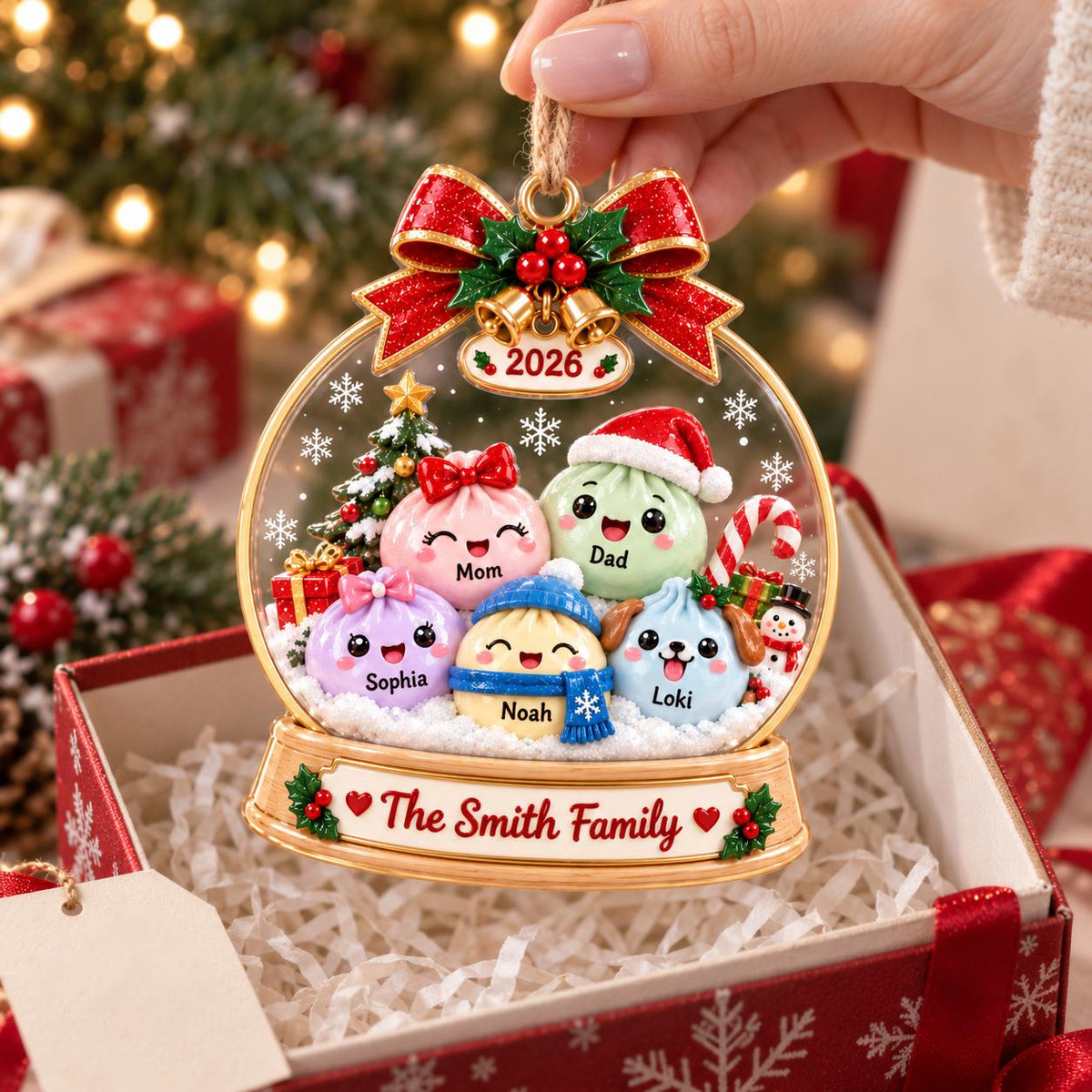 May include: A round, clear Christmas ornament featuring five cartoon-style characters with faces, labeled Mom, Dad, Sophia, Noah, and Loki. The ornament is topped with a red glittery bow, gold bells, and the year 2026. The base reads The Smith Family.