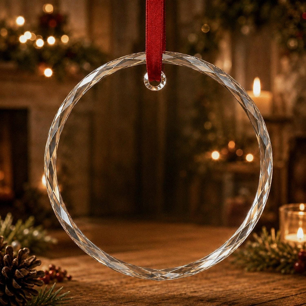 May include: A clear, circular glass ornament featuring a faceted, diamond-cut surface texture. The ornament is suspended by a thin, vibrant red ribbon looped through a small, integrated circular glass ring at the top of the frame.