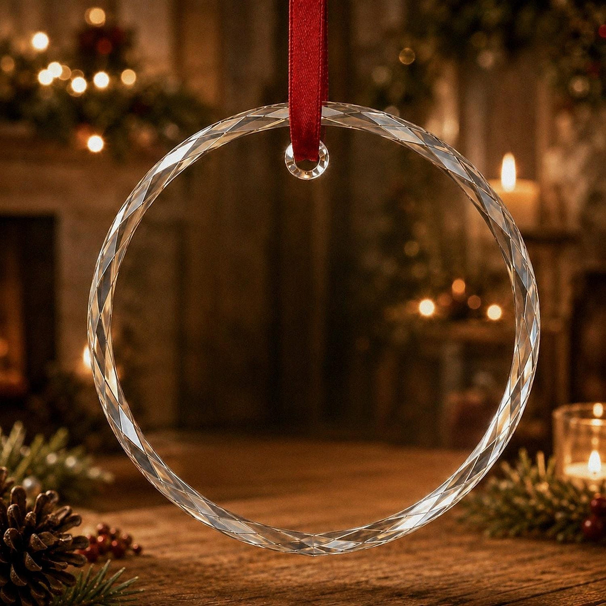 May include: A clear, circular glass ornament featuring a faceted, diamond-cut surface texture. The ornament is suspended by a thin, vibrant red ribbon looped through a small, integrated circular glass ring at the top of the frame.