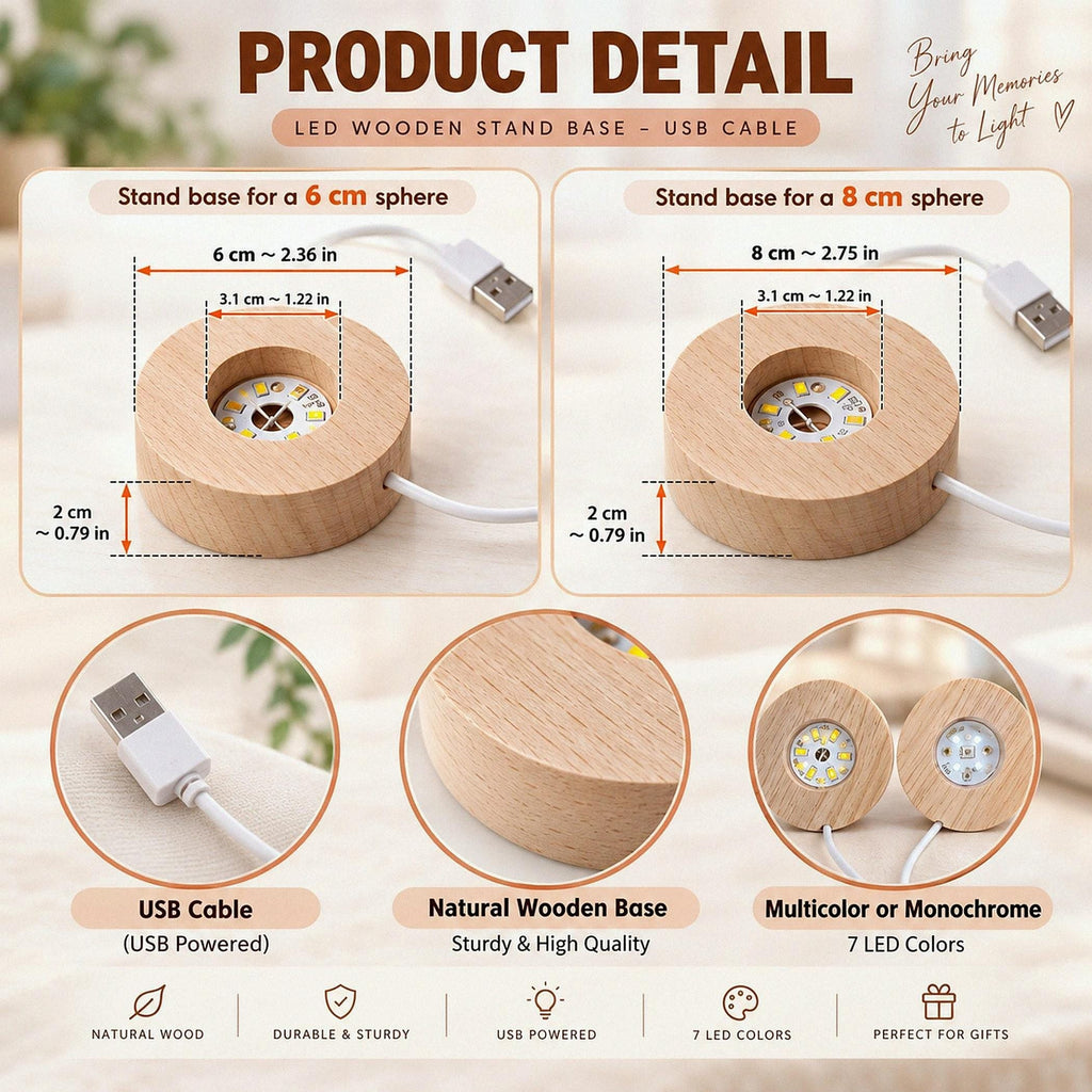May include: A round, light-colored wooden LED stand base with a center cutout for a sphere. It includes a white USB cable. Diagrams show dimensions of 6 cm (2.36 in) and 8 cm (2.75 in) diameters, with a 3.1 cm (1.22 in) inner hole and 2 cm (0.79 in) height.