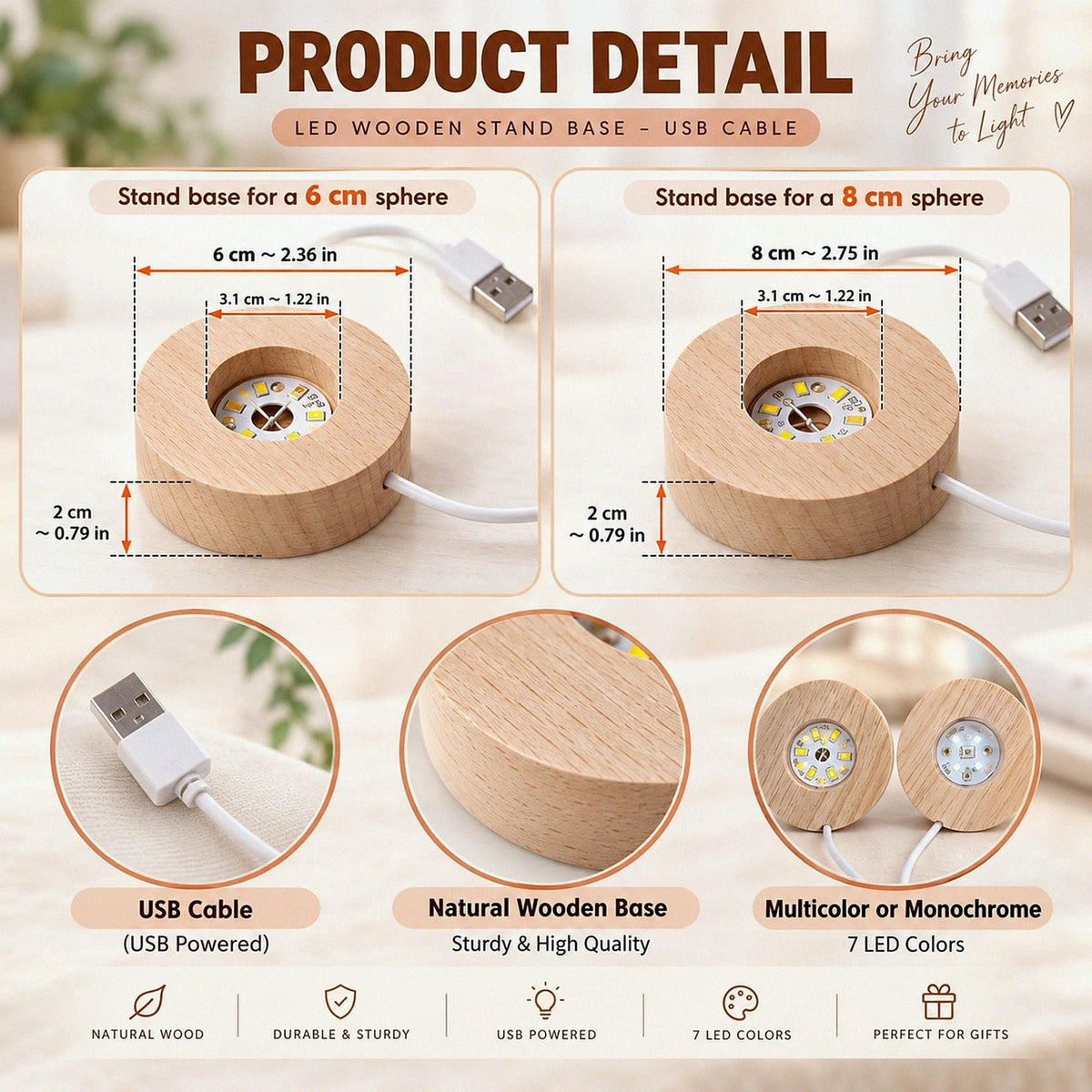 May include: A round, light-colored wooden LED stand base with a center cutout for a sphere. It includes a white USB cable. Diagrams show dimensions of 6 cm (2.36 in) and 8 cm (2.75 in) diameters, with a 3.1 cm (1.22 in) inner hole and 2 cm (0.79 in) height.