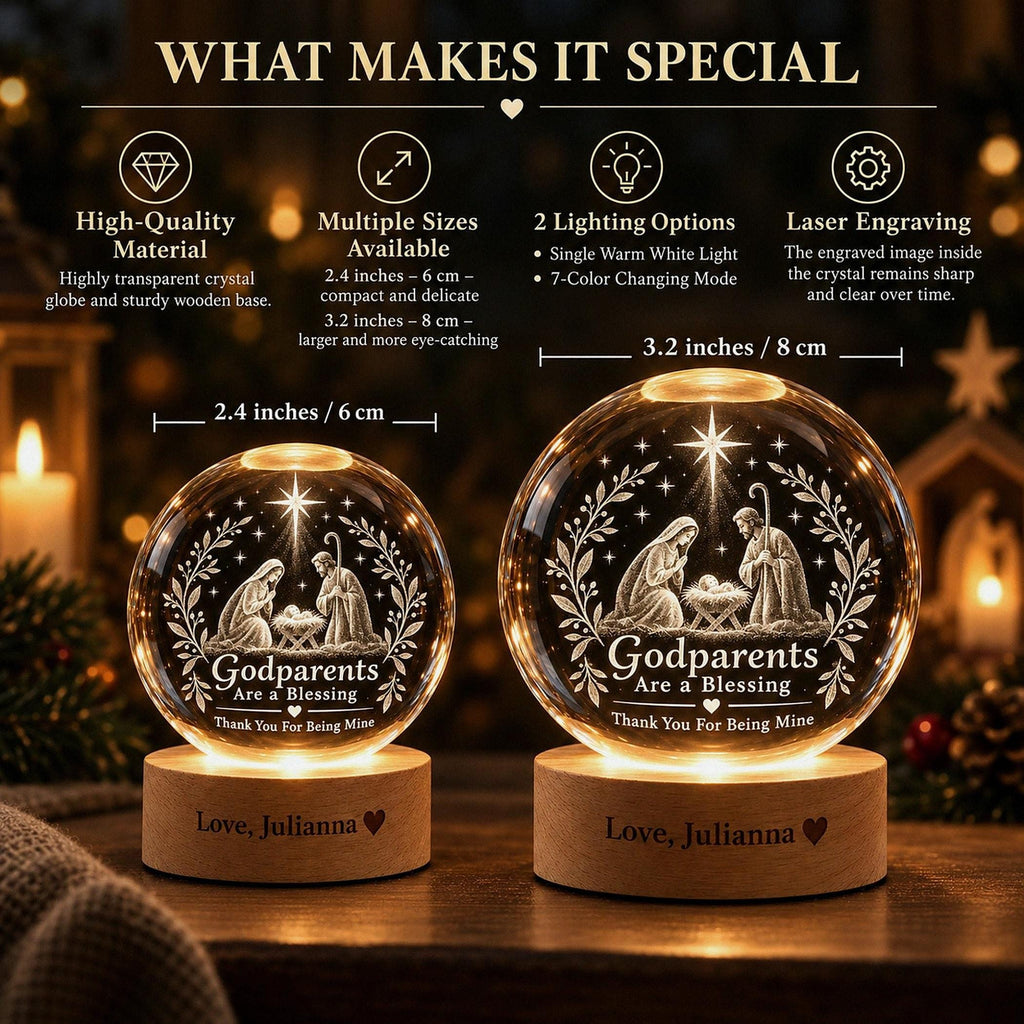 May include: Two transparent crystal globes on wooden bases, each featuring a laser-engraved nativity scene and the text 'Godparents Are a Blessing Thank You For Being Mine'. The bases are engraved with 'Love, Julianna'. Sizes are 2.4 and 3.2 inches.