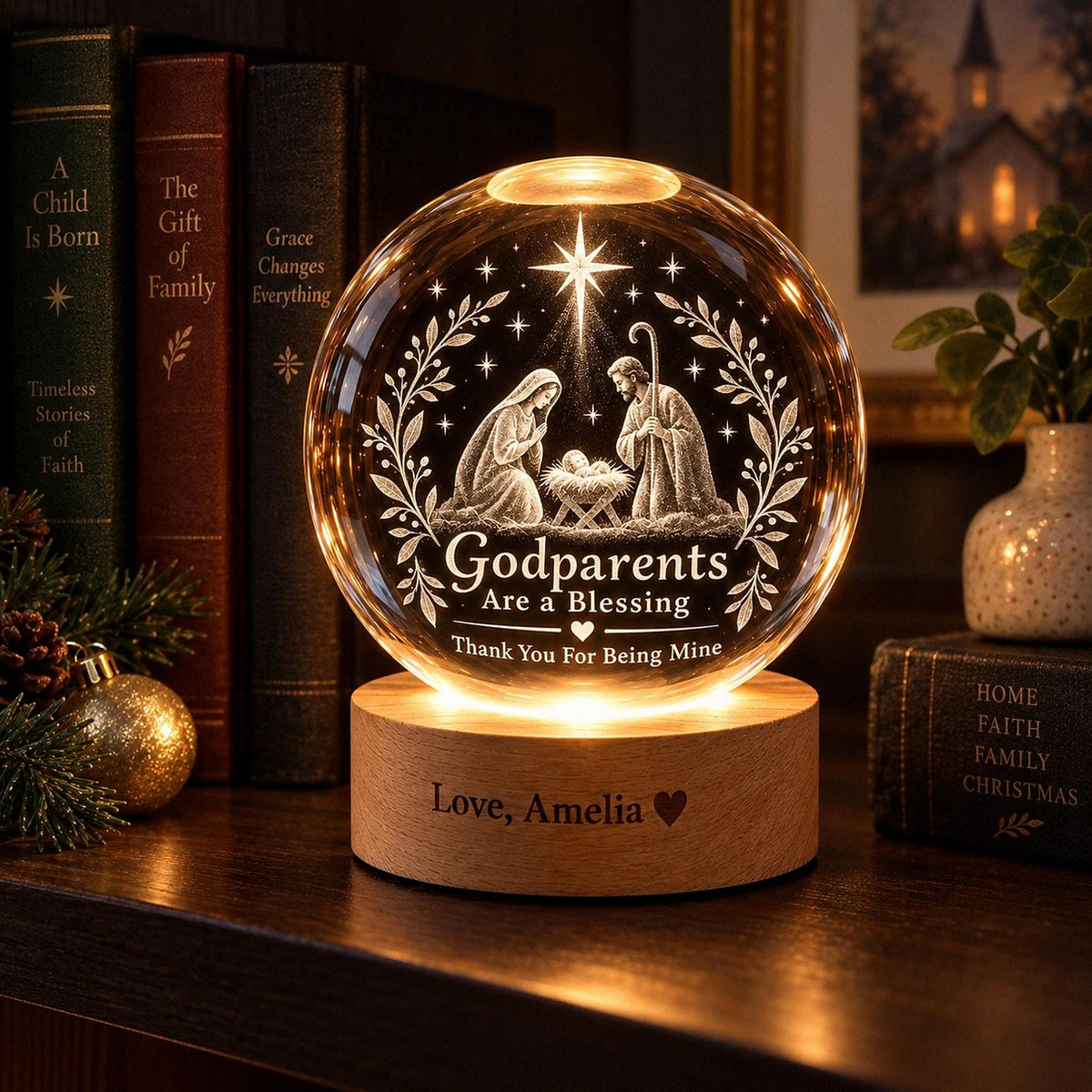 May include: A spherical glass ornament featuring an etched nativity scene with a star above, the text "Godparents Are a Blessing, Thank You For Being Mine," and a light-up wooden base engraved with "Love, Amelia" and a heart symbol.