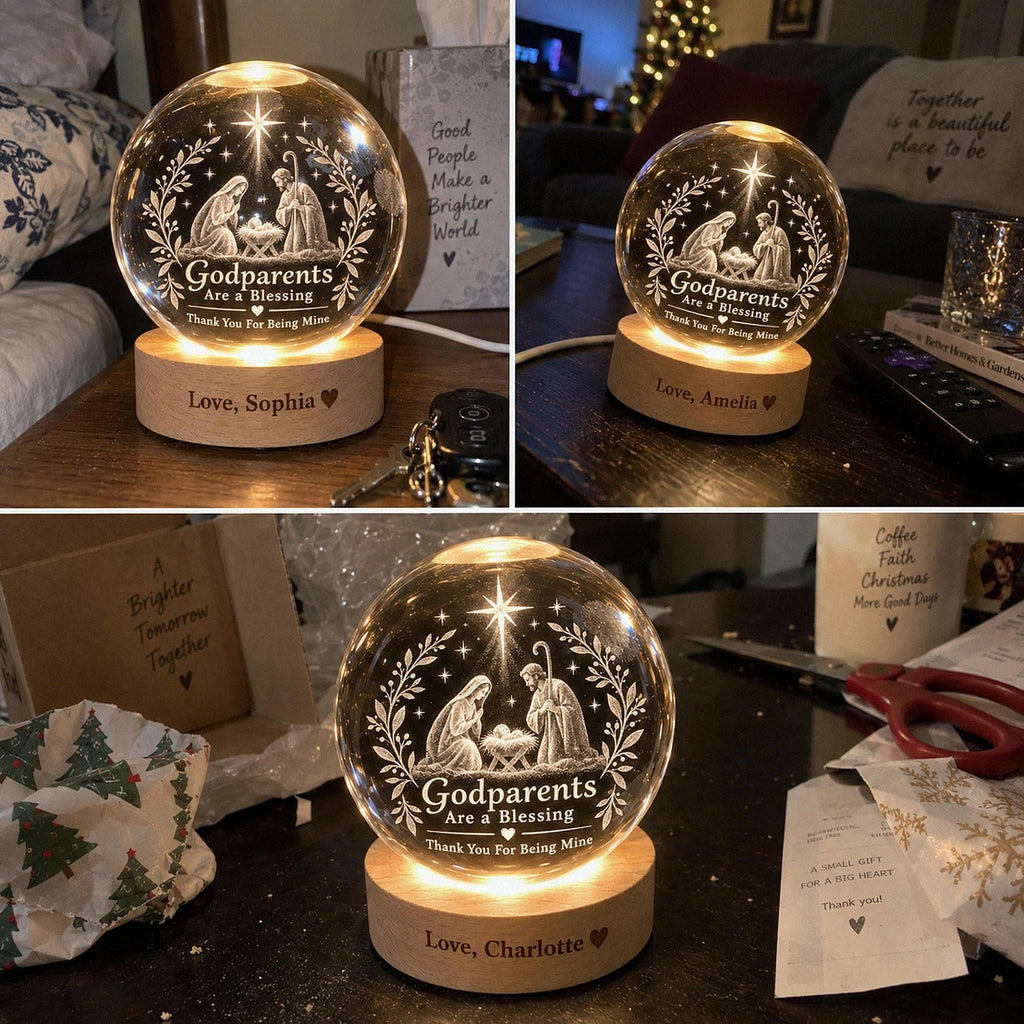 May include: A clear glass sphere night light featuring an etched nativity scene with a star above and the text Godparents Are a Blessing Thank You For Being Mine. The sphere sits on a round wooden base engraved with the name Love, Sophia.