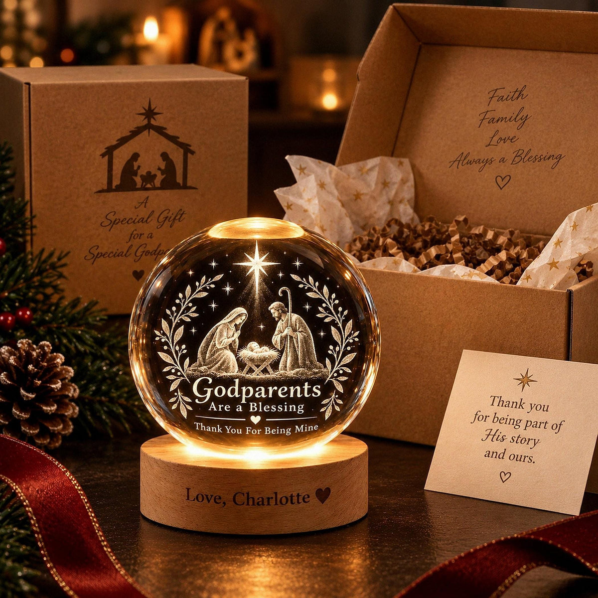 May include: A clear glass sphere engraved with a nativity scene and the text Godparents Are A Blessing, Thank You For Being Mine, resting on a round wooden base inscribed with Love, Charlotte, accompanied by a gift box and a note.