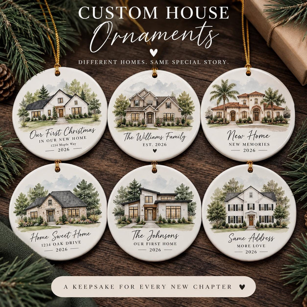 May include: Six round white ceramic ornaments featuring watercolor illustrations of various house styles. Each ornament includes custom text such as family names, addresses, and the year 2026. Gold strings are attached to the top of each ornament.