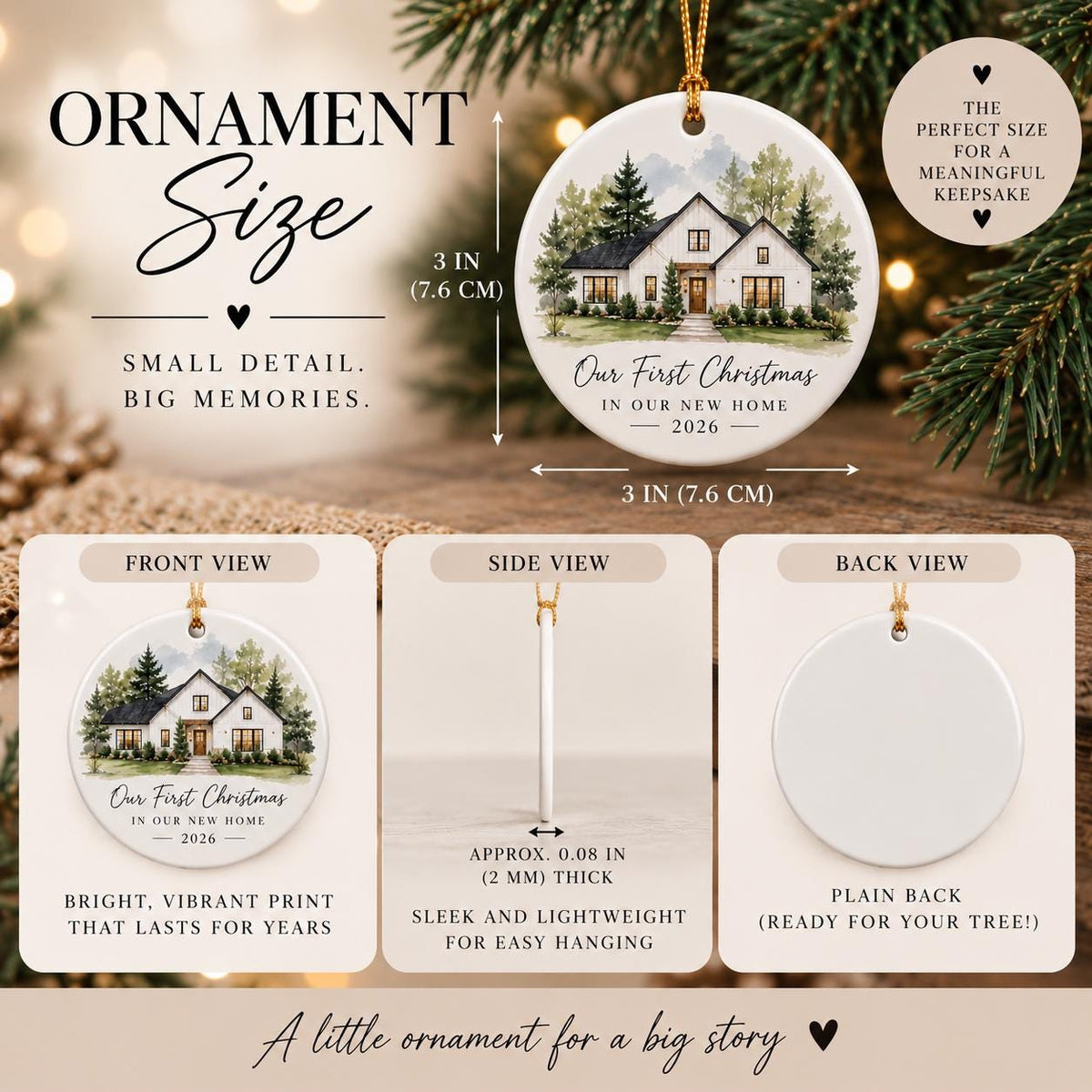 May include: A round white ceramic Christmas ornament featuring a watercolor illustration of a house surrounded by trees. The text reads Our First Christmas IN OUR NEW HOME 2026. It measures 3 inches in diameter and 0.08 inches in thickness.