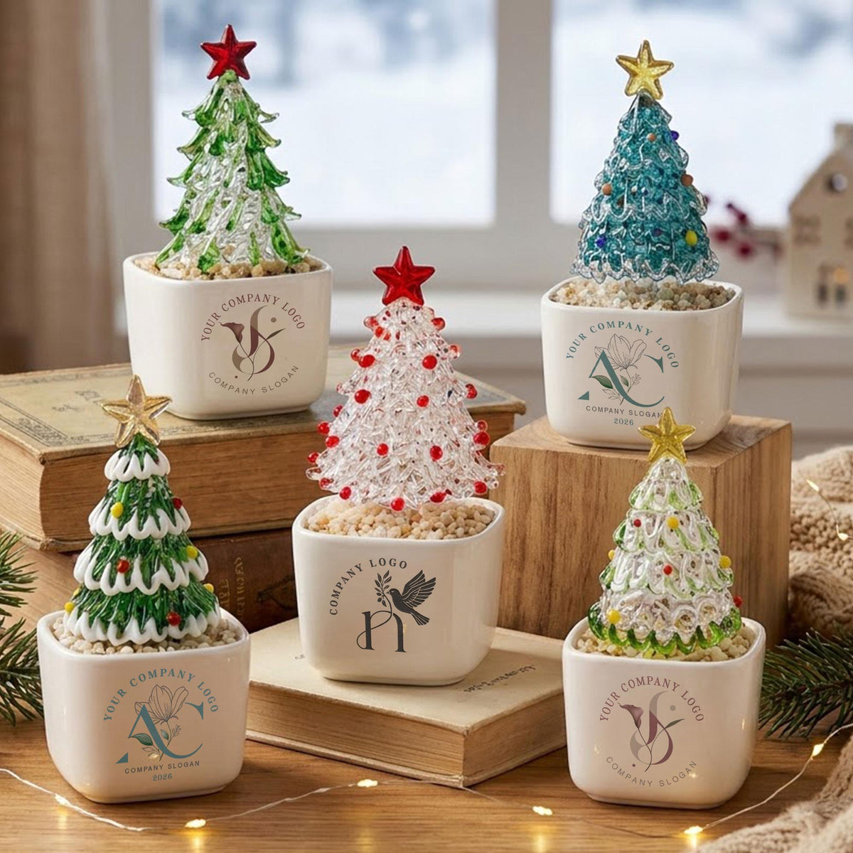 May include: Five miniature glass Christmas trees in white square ceramic pots. Each tree features a star topper and sits on a bed of small stones. The pots display various logos and text including 'YOUR COMPANY LOGO' and 'COMPANY SLOGAN'.