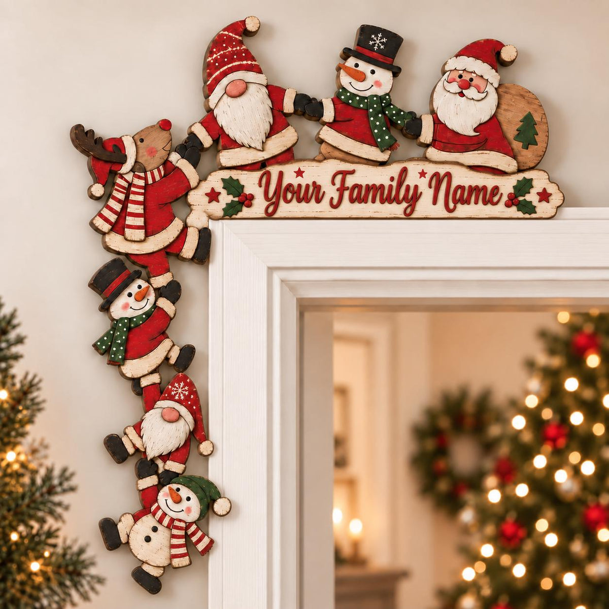 May include: A wooden Christmas door corner sign featuring a reindeer, gnomes, and snowmen in red and green attire. The horizontal piece displays the text Your Family Name in red script, flanked by holly leaves and stars, with figures climbing down.