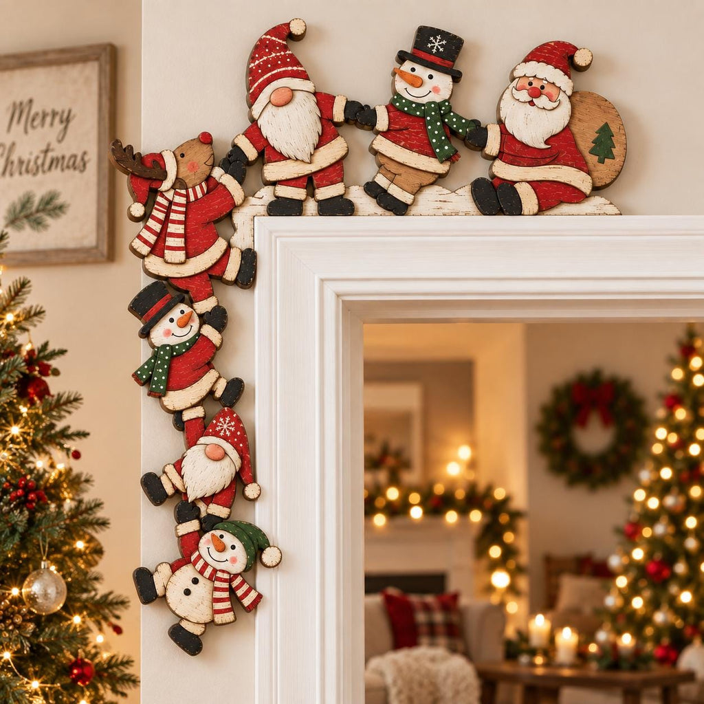 May include: A wooden Christmas door corner decoration featuring a chain of figures including Santa Claus, snowmen, and a reindeer. The figures are painted in red, white, green, and brown, and are arranged to fit along the top and side of a door frame.