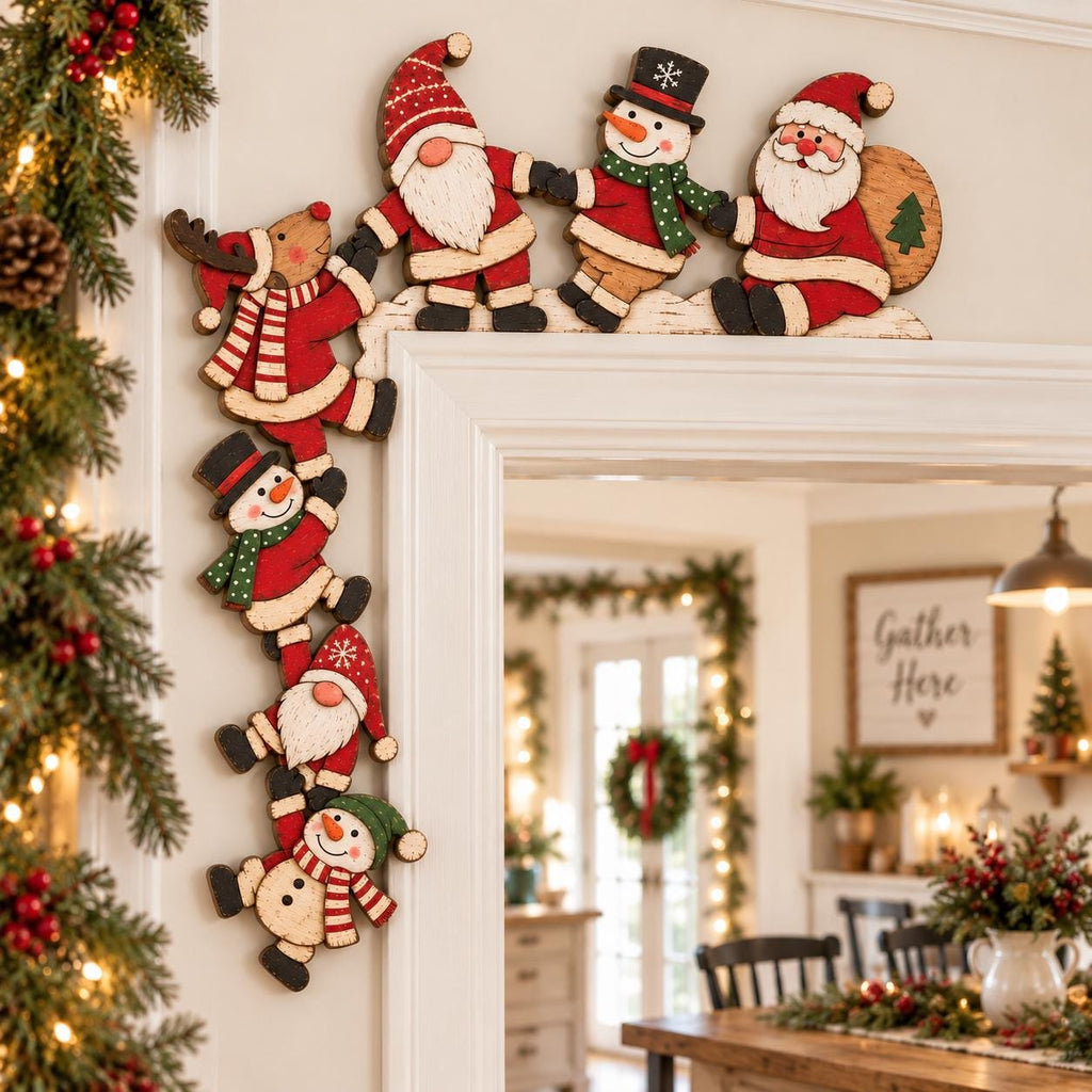 May include: A wooden Christmas door frame topper featuring a chain of figures including a reindeer, gnomes, snowmen, and Santa Claus. The figures are painted in red, white, green, and brown, and are arranged to fit along the corner of a door frame.