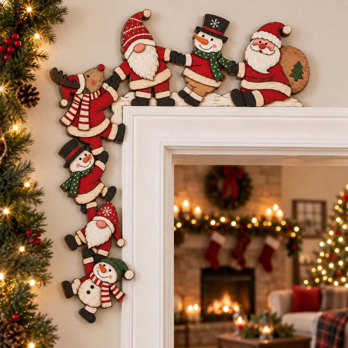 May include: A wooden Christmas door corner decoration featuring a reindeer, two gnomes, and three snowmen in red, white, and green outfits. The figures are arranged in a vertical and horizontal line, depicting festive characters with hats and scarves.