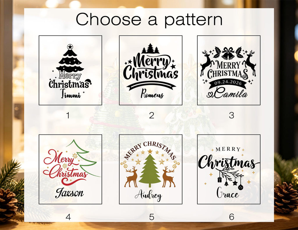 May include: A grid of six square panels labeled Choose a pattern, each displaying a unique Christmas-themed graphic with text. Designs include stylized trees, reindeer, bells, and stars in black, red, green, and gold, with names like Timmi and Grace.