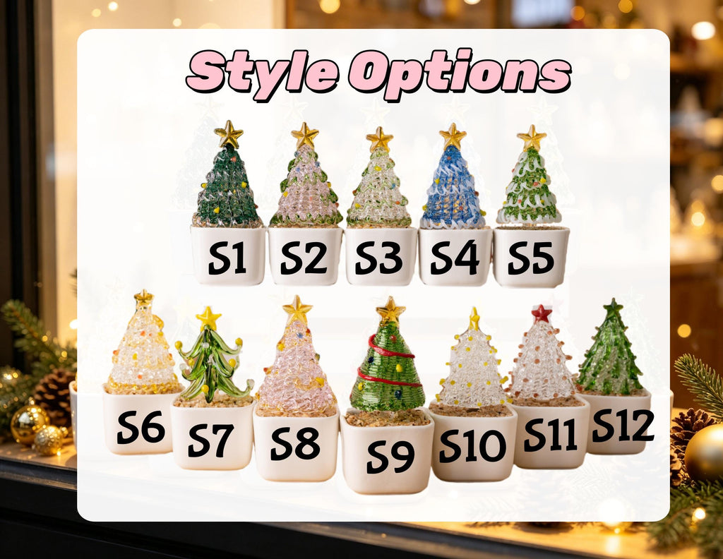 May include: A collection of twelve miniature glass Christmas tree figurines in white square pots, labeled S1 through S12. Each tree features unique colors, textures, and a gold or red star topper. The text Style Options is displayed at the top.