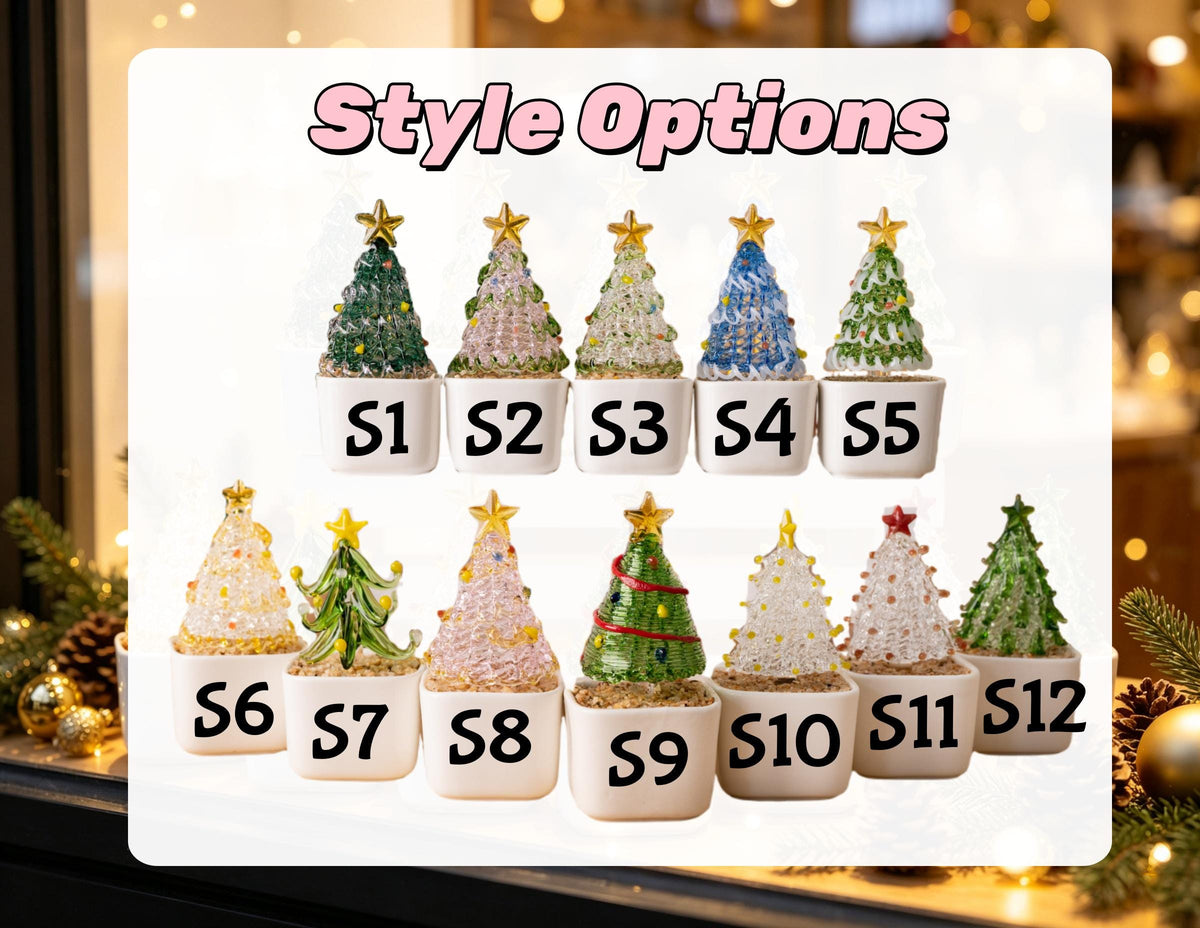 May include: A collection of twelve miniature glass Christmas tree figurines in white square pots, labeled S1 through S12. Each tree features unique colors, textures, and a gold or red star topper. The text Style Options is displayed at the top.