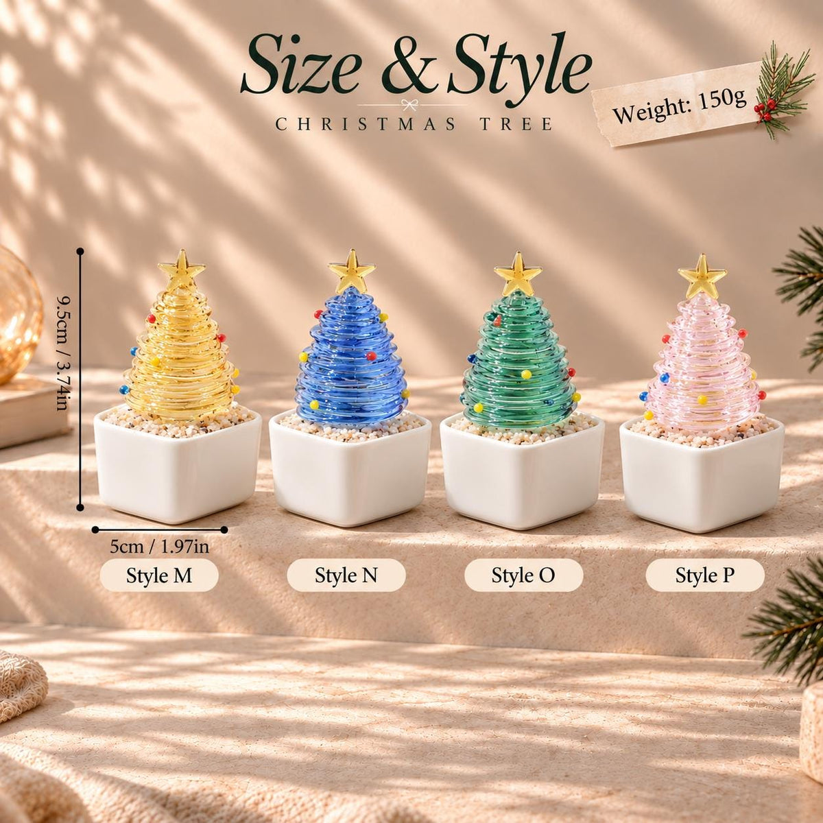 May include: Four glass Christmas tree ornaments in yellow, blue, green, and pink, each topped with a gold star and decorated with small colored dots. Each tree sits in a white square base filled with pebbles, measuring 3.74 inches tall and 1.97 inches wide.