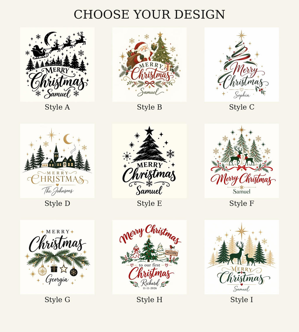 May include: A grid of nine distinct Christmas-themed graphic designs labeled Style A through Style I. Each design features festive elements like Christmas trees, reindeer, Santa Claus, and stars, accompanied by the text Merry Christmas and names.